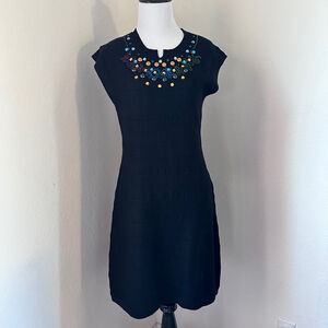 Nanette Lepore Wool Mini Black Dress Sparkle Rhinestone Short Sleeve Medium
